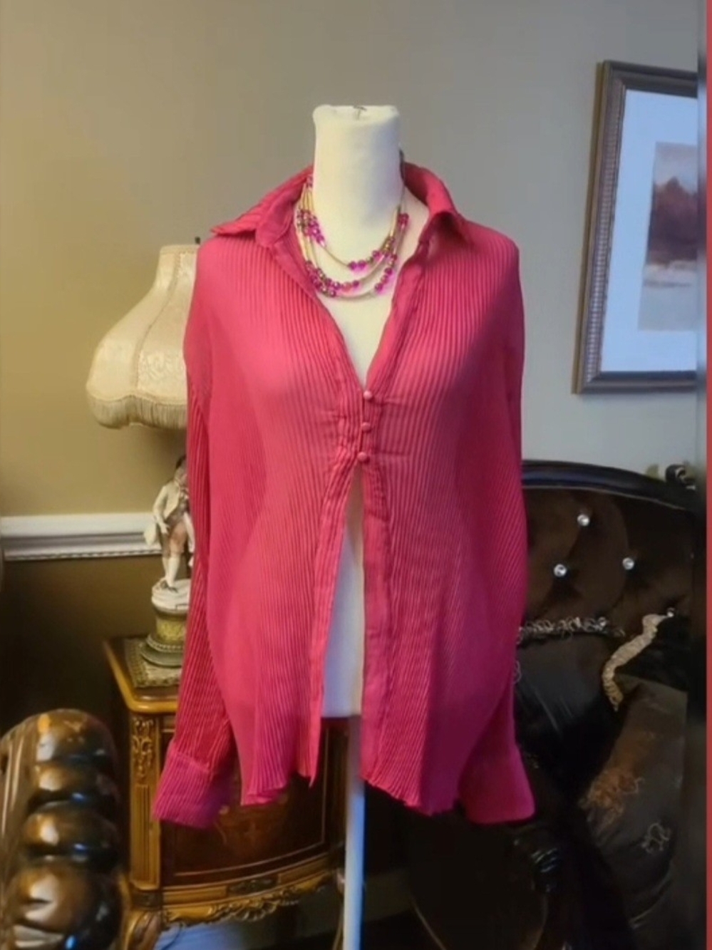 Women's Pleated Button-Front Blouse And Skirt  - Pink